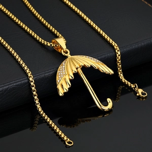 Collier pendentif parapluie en acier inoxydable plaqué or hip-hop avec cristaux