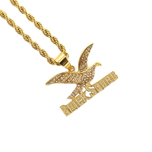 Hip-hop gold plated eagle pendant with iced out rhinestones on a sturdy rope chain