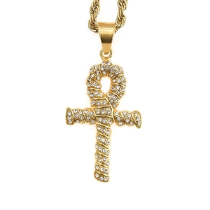 Pendentif Croix d'Ankh en Acier Inoxydable 316 Vintage Égyptien Clé de Vie Pavé de Strass Hip Hop Bijoux Religieux