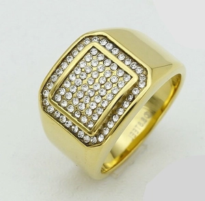 Men's hip-hop style gold-plated stainless steel signet ring with rectangular crystal stones