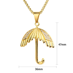 Pendentif parapluie en acier inoxydable doré avec zircons brillants de style hip hop