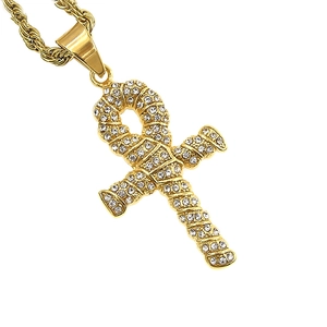 Pendentif Ankh vintage doré orné de cristaux blancs brillants pour hommes et femmes