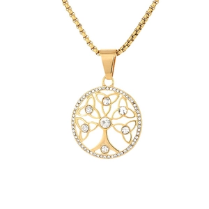 Golden Celtic tree of life necklace with white crystals on a stainless steel box chain