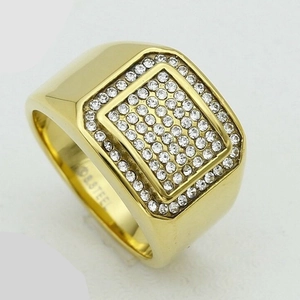 Hip Hop Punk Stainless Steel Signet Ring For Men Gold Silver Plated Square Rhinestone Inlaid Fashion Trendy Finger Ring