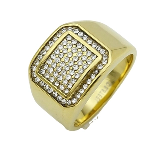 Hip hop gold plated stainless steel signet ring with rectangular iced out cubic zirconia