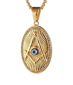 Pendentif Maçonnique en Acier Inoxydable Plaqué Or Œil de la Providence Strass Hip Hop Religieux Pendentif Seul Sans Chaîne