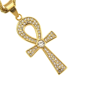 Classica collana con ciondolo a croce egizia Ankh in oro con pietre di zirconi lucidi