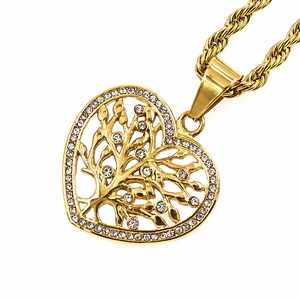 Golden heart-shaped Tree of Life pendant necklace featuring sparkling zircon crystals