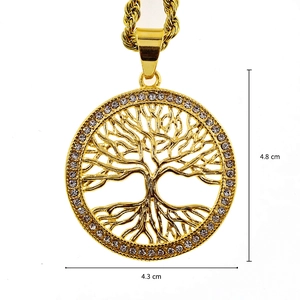 Golden Tree of Life necklace with white crystals and dimension markings for sizing