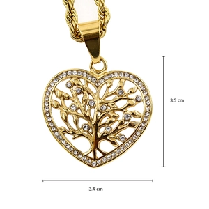 Gold plated heart tree of life pendant necklace with white crystals on a rope chain