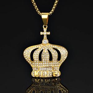 Hip Hop Punk King Crown Pendant 316 Stainless Steel Pave Rhinestone Pendant Gold Without Chain For Men Women Jewelry