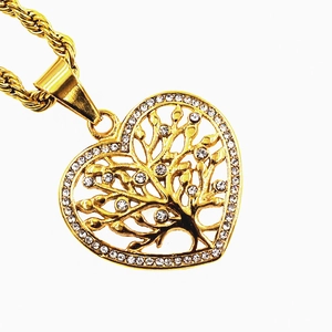Gold-plated tree of life heart pendant necklace with sparkling crystals on a rope chain