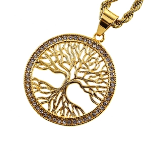 Vintage gold Tree of Life pendant necklace with pavé crystal halo and rope chain