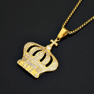 Hip hop gold plated crown pendant with KING letters and sparkling clear rhinestones