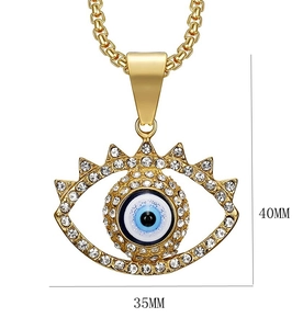 Gold evil eye pendant necklace with crystals and dimensions 40mm by 35mm