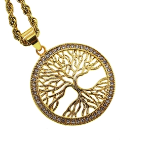 Golden Tree of Life pendant necklace with pavé crystal circle on twisted rope chain