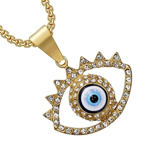 Retro evil eye pendant necklace in gold-plated stainless steel with white rhinestones