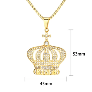 Hip hop style gold plated king crown pendant necklace with white crystals and square chain
