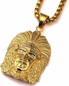 Gold-plated hip hop necklace with detailed Native American chief pendant for men
