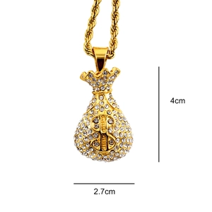 Hiphop gold plated dollar sign money bag pendant necklace with iced out crystals