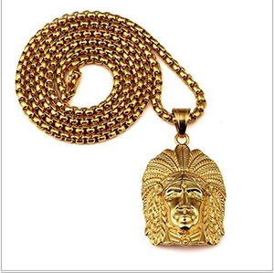 Gold plated stainless steel Indian Chief pendant necklace with a detailed box chain