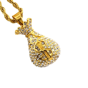 Hiphop gold money bag pendant with dollar sign and crystals on a twist chain necklace