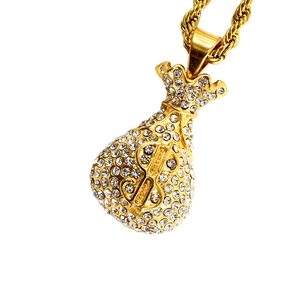 Hiphop money bag pendant necklace in gold finish with sparkling pavé rhinestones