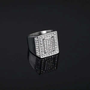 Luxurious hip hop square signet ring for men featuring pavé set cubic zirconia stones