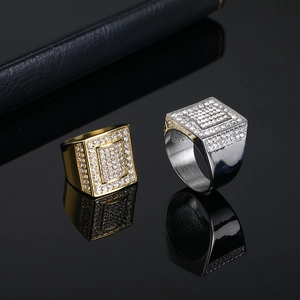 Hip hop punk style gold and silver square rings with micro-pave crystals for men