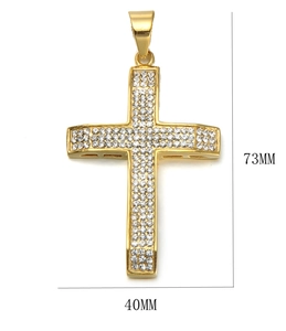 Gold large stainless steel cross pendant with crystal rhinestones 73x40mm size