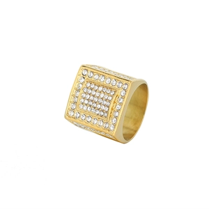 Hip hop gold plated stainless steel square ring with micro paved white zircons