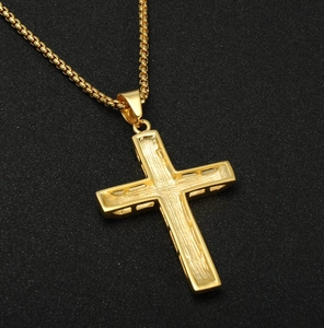 Golden titanium stainless steel cross pendant necklace with polished frame on box chain