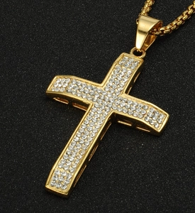 Golden titanium steel cross necklace with crystal rhinestones on box chain