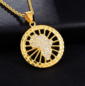 Gold plated Africa map pendant necklace with crystal stones on a twisted rope chain