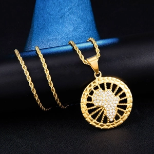 Gold plated Africa map pendant with cubic zirconia on a twist rope chain necklace