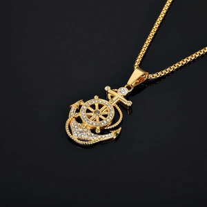 Collana con ciondolo ad ancora e timone in oro e acciaio con strass su catena box