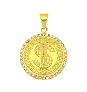 Hip-hop gold dollar sign pendant necklace with Greek key pattern and zirconia halo