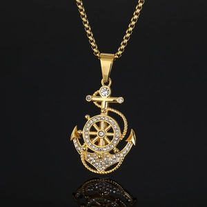 Ciondolo Ancora Timone Hip Hop Iced Out Solo Senza Catena Acciaio Inossidabile 316 Placcato Oro Gioielli Nautici Uomo