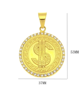 Hip hop gold plated dollar sign pendant with sparkling rhinestones and Greek key pattern