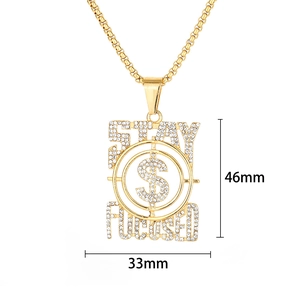 Hip hop gold iced out necklace featuring Stay Focused pendant with dollar sign and target
