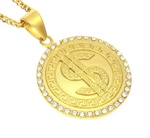 Golden dollar sign pendant necklace with Greek key pattern and iced out rhinestones