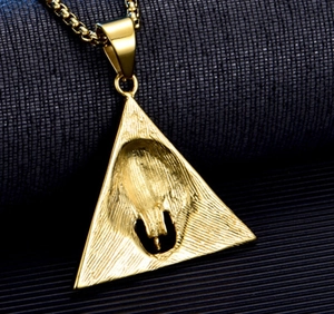 Vintage gold pyramid pharaoh pendant necklace with brushed metal finish on box chain