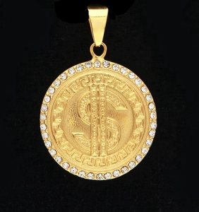 Hip Hop Dollar Sign Pendant Only Without Chain 316 Stainless Steel Gold Plated Money Greek Meander Rhinestone Jewelry