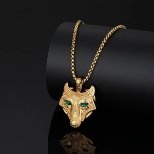 Gold-plated stainless steel Viking wolf head pendant necklace with green crystal eyes