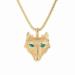 Gold-plated Viking wolf head pendant necklace with green eyes and square box chain