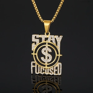 Hip Hop Iced Out Dollar Sign Pendant Necklace Stainless Steel Zirconia Stay Focused Streetwear Fashion Jewelry For Men Gold