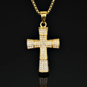 Ciondolo a Croce Hip Hop Punk per Uomo Donna in Acciaio Inossidabile 316 Placcato Oro Zirconia Cubica Blocchi Quadrati Gioielli Religiosi Solo Ciondolo Senza Catena