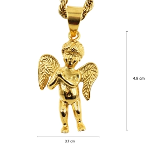 Golden cupid angel pendant necklace with rope chain, 4.8 cm height religious jewelry piece