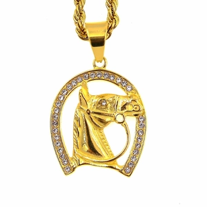 Hiphop Edelstahl Pferdekopf Hufeisen Anhänger Ohne Kette Vergoldet Strass Tier Schmuck Herren Geschenk