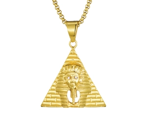 Golden Pharaoh pyramid pendant necklace with sparkling stone eyes on a round link chain